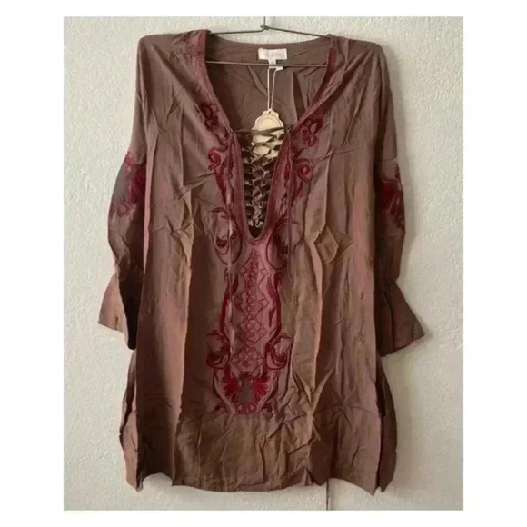 🆕Velzera Plus Size Khaki Embroidered Peasant Dress 1X🆕 - Picture 3 of 7